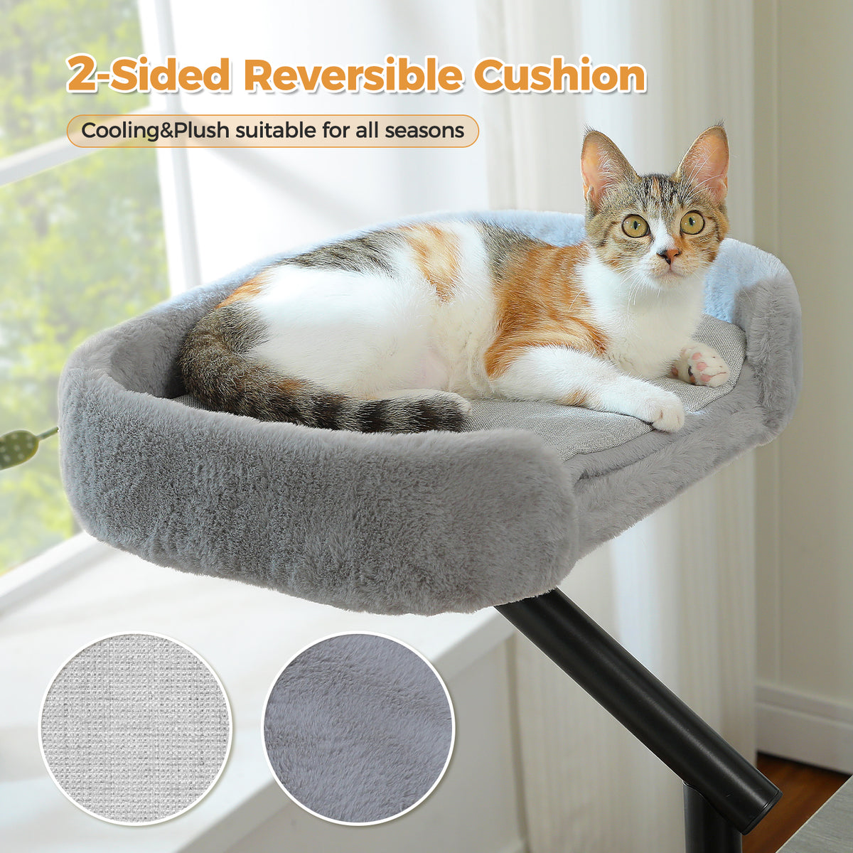 Calico cat resting on a grey bolster desk bed held by a black clamp arm, two-sided reversible cushion banner beside it