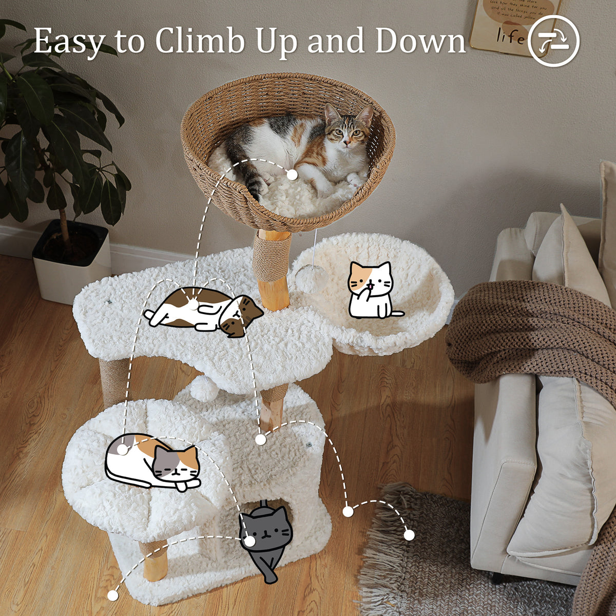 Infographic showing an easy climbing path with dashed lines across the natural wood cat tree levels