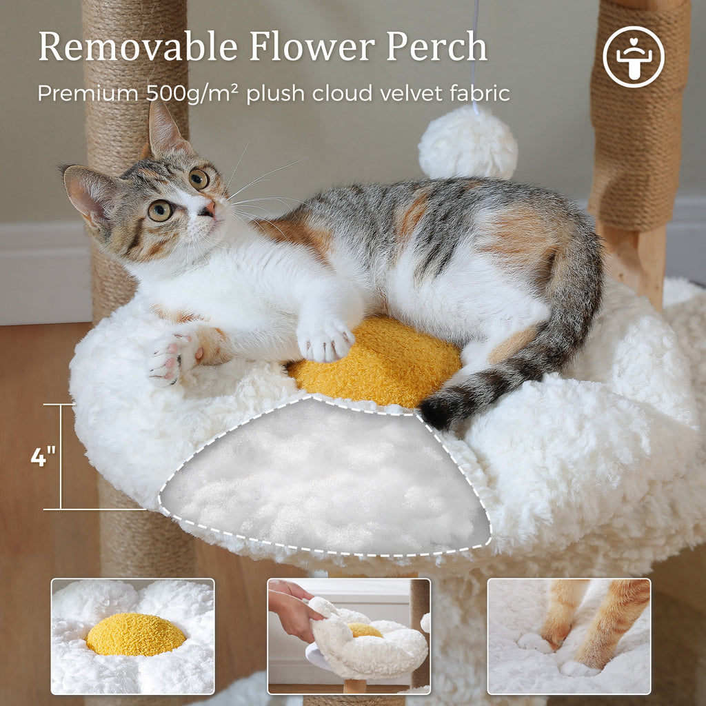 Flower-shaped removable perch with plush cloud velvet, hand lifting the cover, calico kitten on the tree