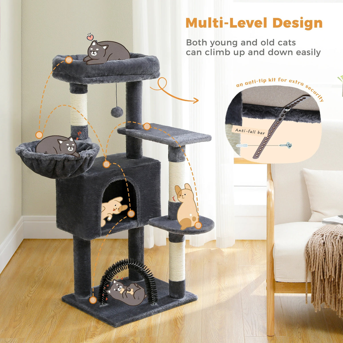 Grey Compact cat tree with cartoon cats, grooming arch and Multi-Level Design climbing diagram in a bright room