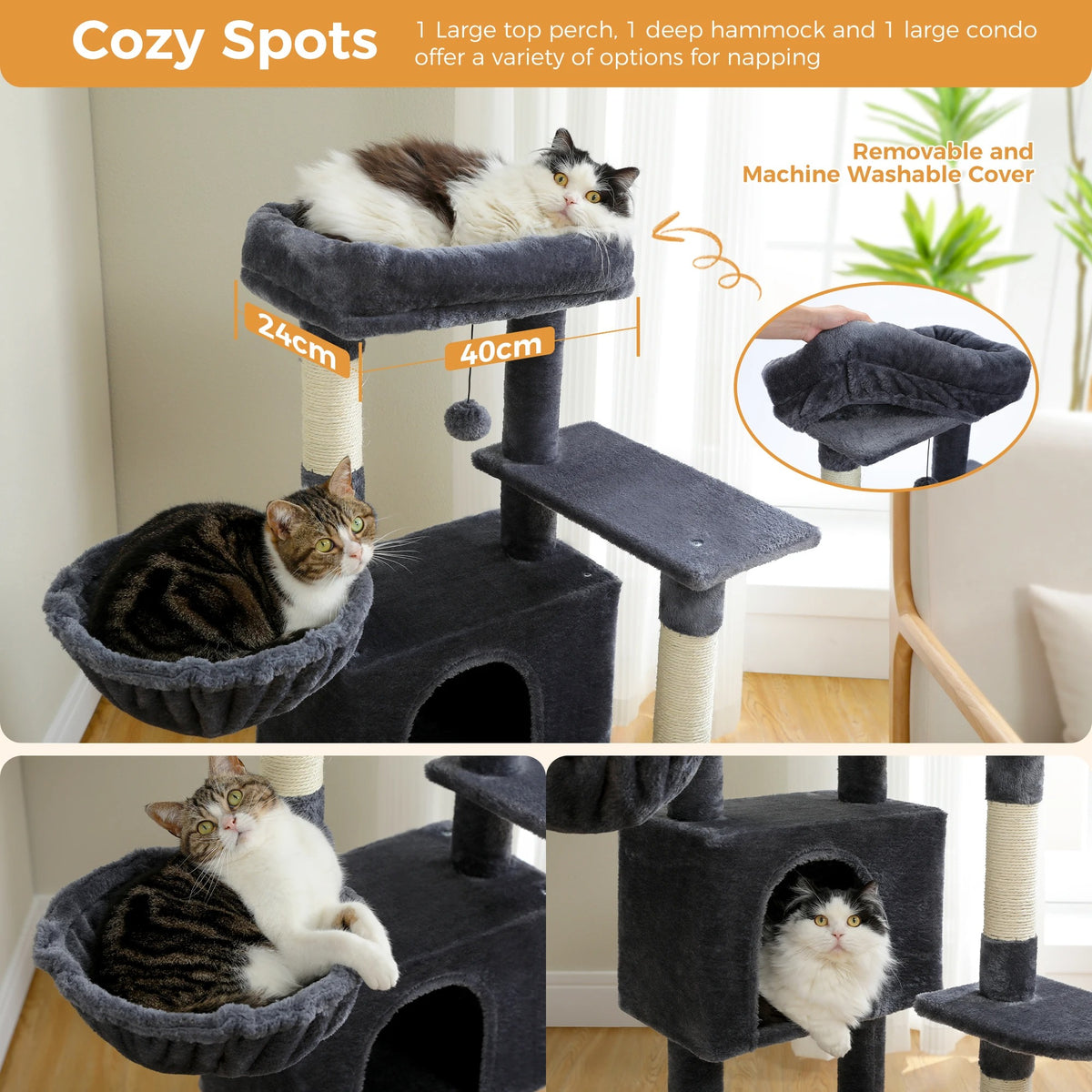 Charcoal Compact cat tree with tabby cats on the top perch and hammock plus Cozy Spots banner and washable cover caption