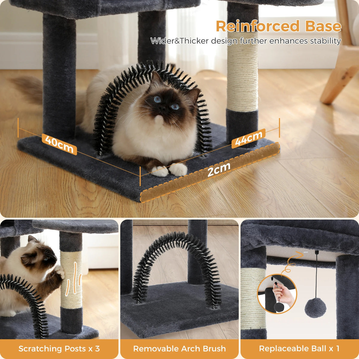 Compact cat tree base detail with pointed cat under grooming arch, base dimension notes and three feature captions