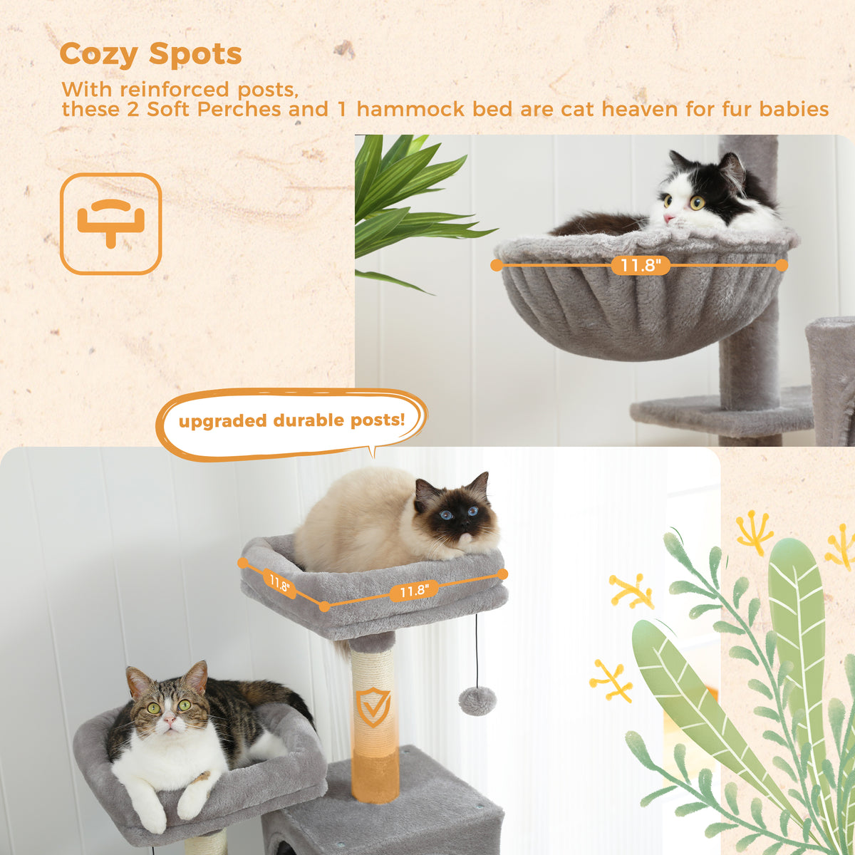 Feature collage titled Cozy Spots, three cats relax on the soft perches and hammock of the grey cat tree