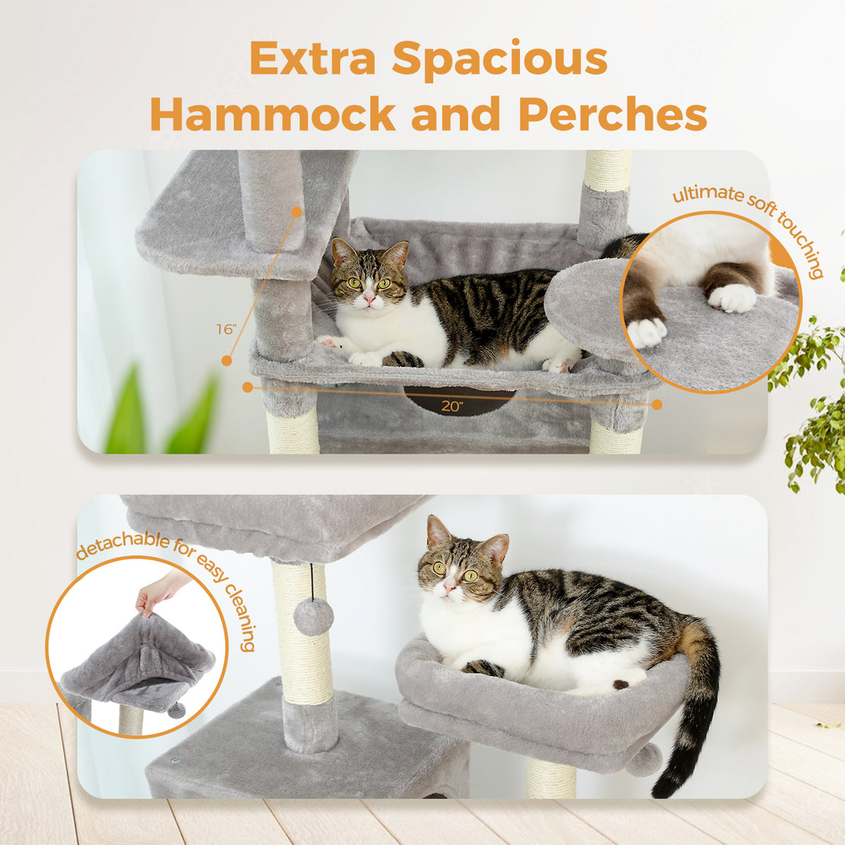 Grey 184cm cat tree feature graphic: tabby cat in extra spacious hammock and on bolster perch, detachable cover close-up