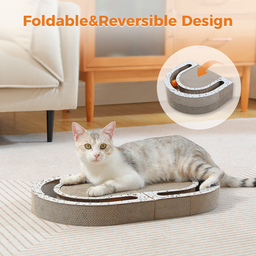 Grey tabby lying across the unfolded cardboard scratcher while an inset shows the pad folded in half for storage