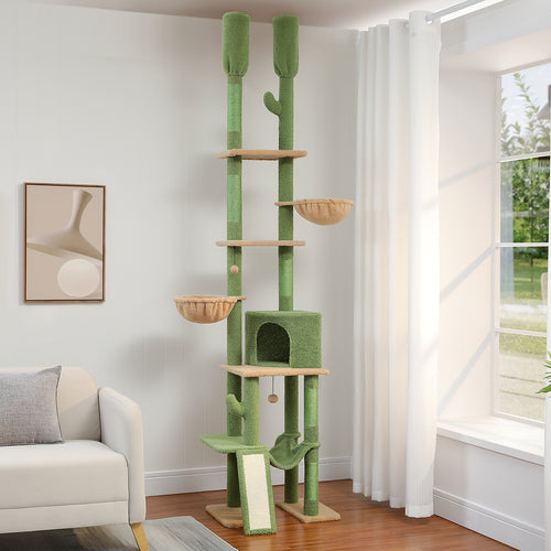 Cactus cat tree with seven tiers, green sisal posts, tan platforms and hanging baskets in a bright living room