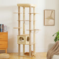 Wood and cream 180cm four-column cat tree in minimalist living room with orange tabby on the base, clear acrylic bowls