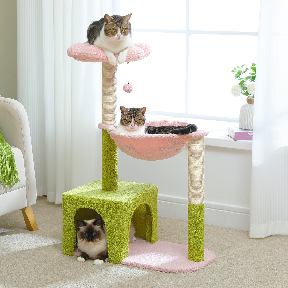 Three cats use a pastel cat tree with green condo, pink hammock bowl and flower perch in a bright living room