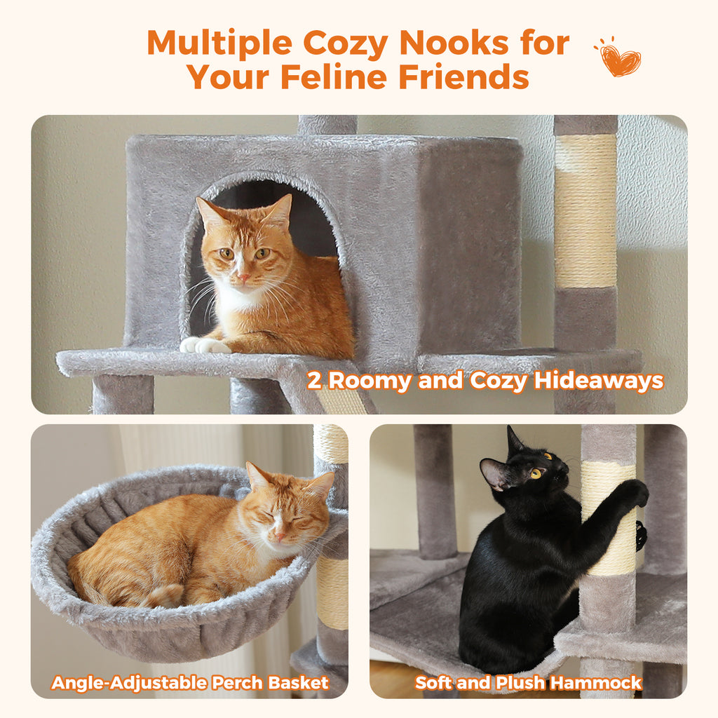 Three panels showing a cozy hideaway, angle-adjustable perch basket and plush hammock with cats napping inside