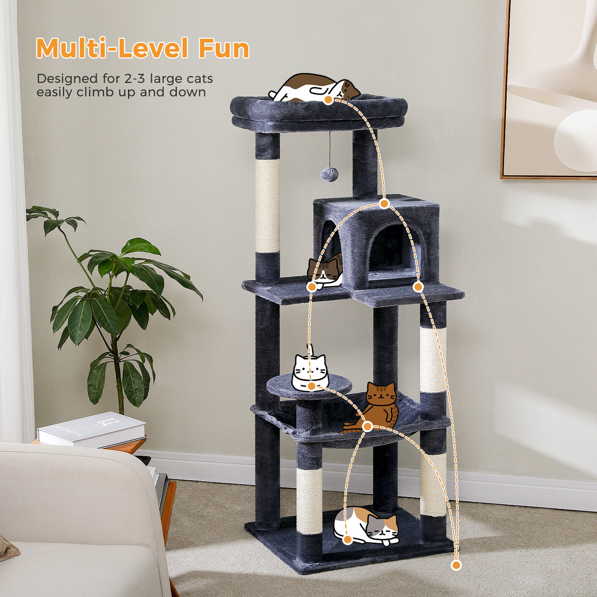 Side view of grey 143cm cat tree with cartoon cats, orange climbing route and cat-count text
