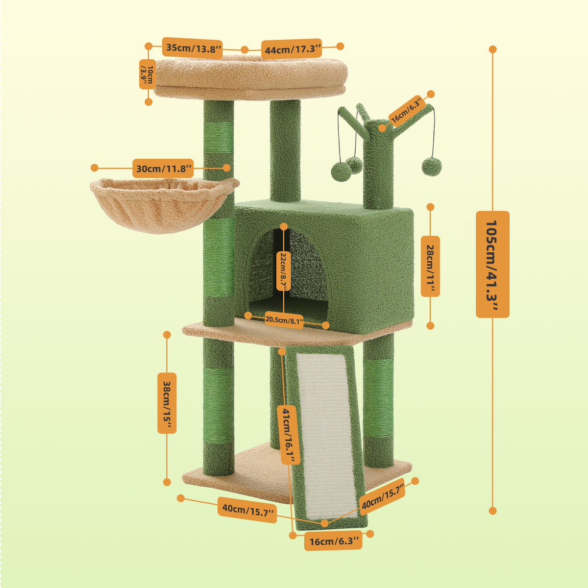Dimension diagram of the green and beige 105cm cat tree with orange measurement lines on a pale backdrop