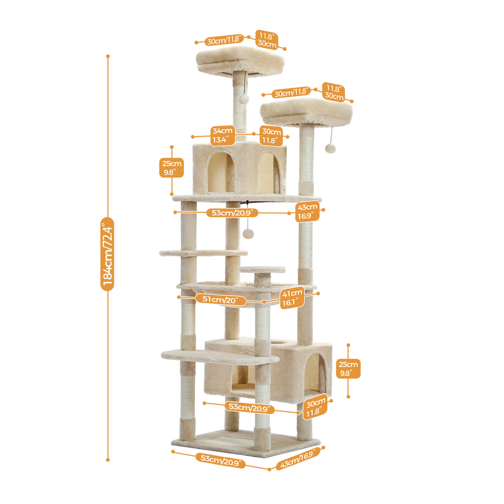 SIZE diagram of beige 184cm cat tree on white, two condos, hammock and twin top perches with labels