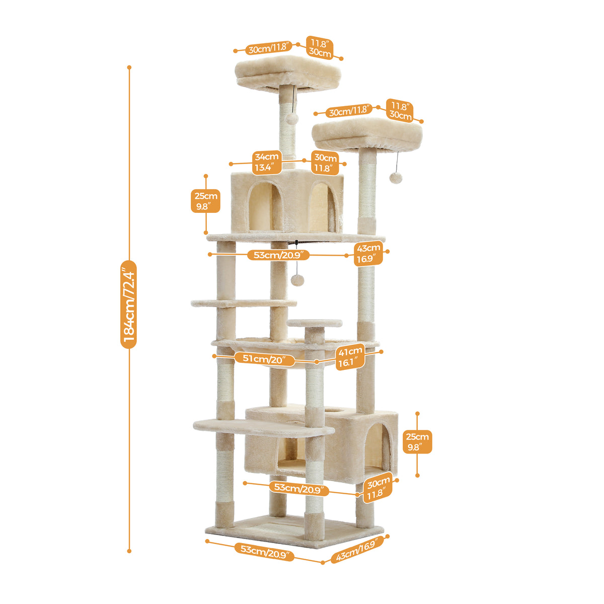 SIZE diagram of beige 184cm cat tree on white, two condos, hammock and twin top perches with labels