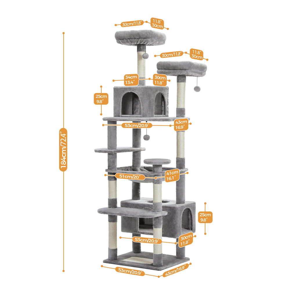 White-background dimension diagram of grey 184cm cat tree with two condos, hammock and twin top perches