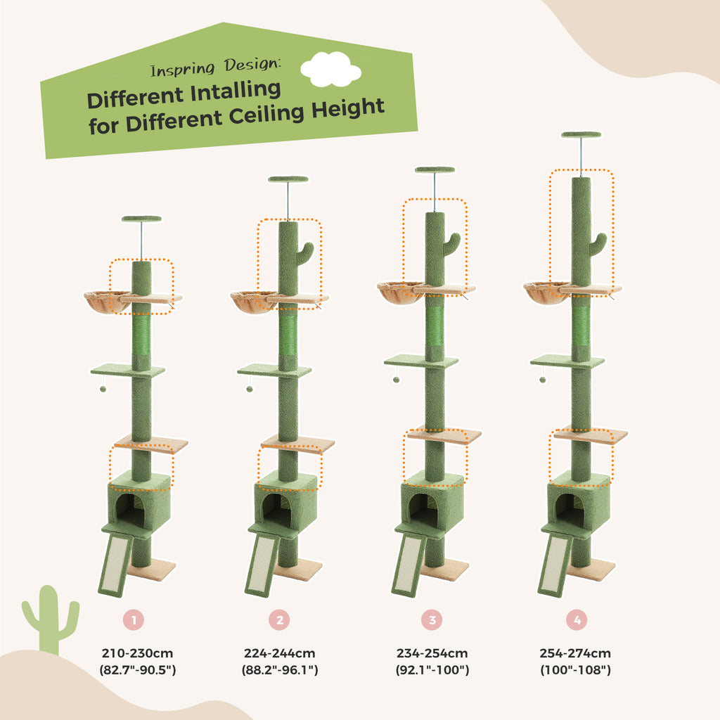 Four assembled heights of the adjustable cactus cat tree from 210cm to 274cm for different ceiling heights