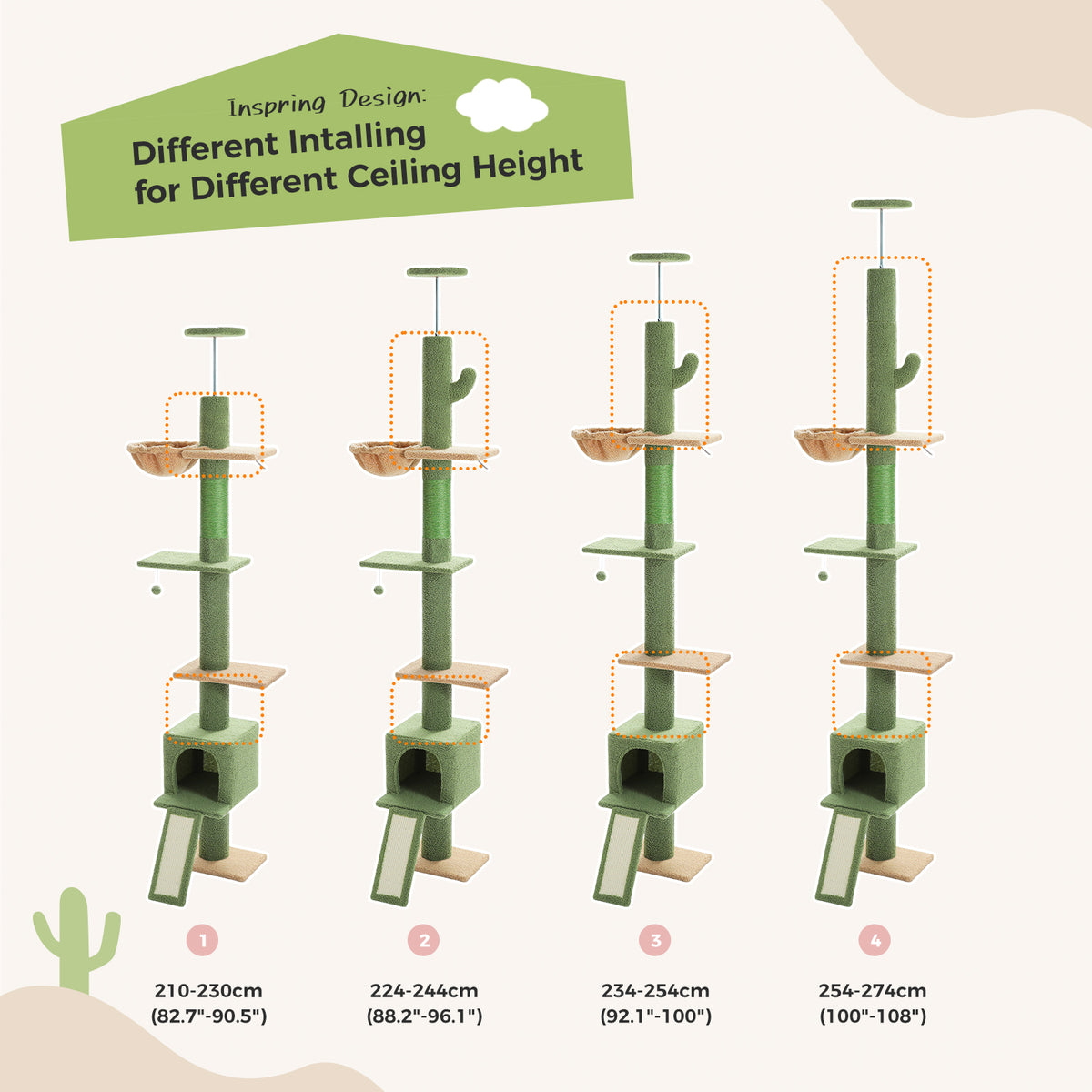 Four assembled heights of the adjustable cactus cat tree from 210cm to 274cm for different ceiling heights