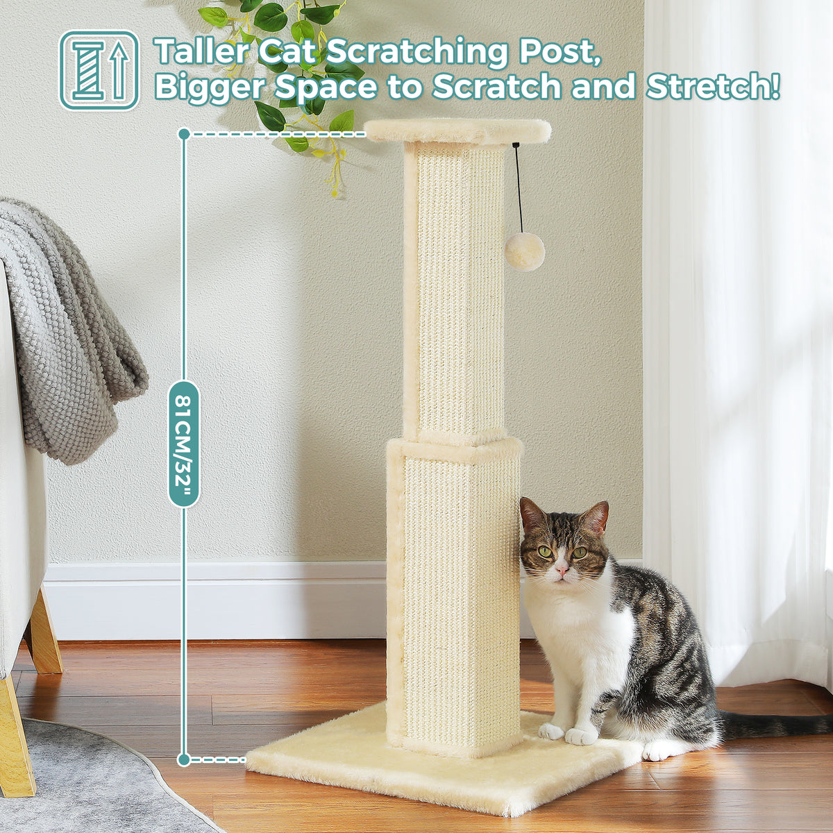 Cream scratching post infographic, teal 81 cm/32-inch height line and headline about extra scratch-and-stretch space