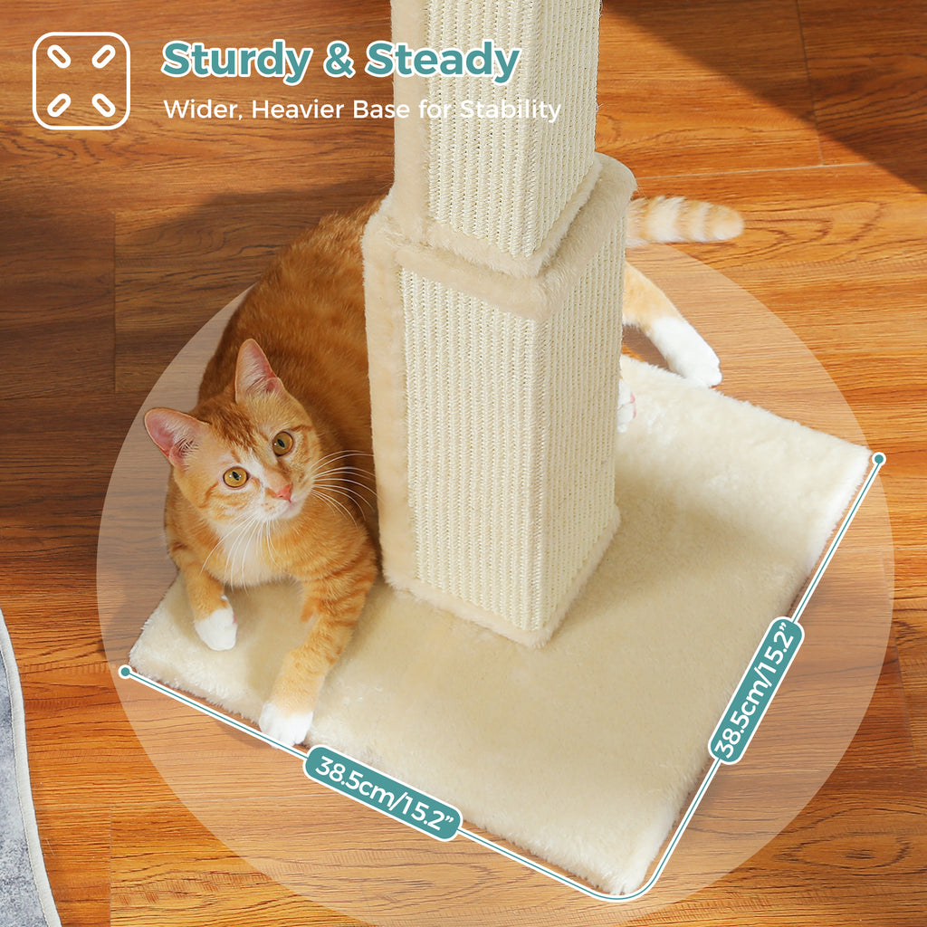 Orange-and-white tabby on a cream plush scratching-post base, 'Sturdy and Steady' banner with a 38.5 cm label