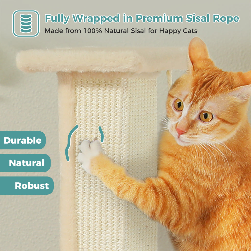 Ginger tabby clawing a cream sisal post, '100% natural sisal' banner with Durable, Natural and Robust tags
