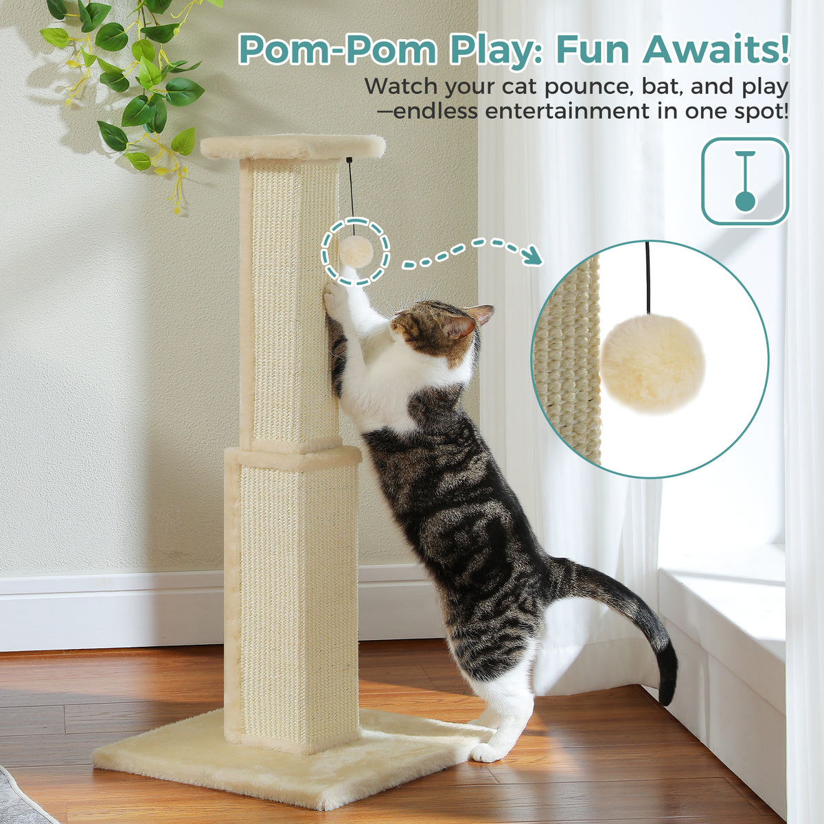 Cream sisal scratching post with a calico cat stretched up batting the hanging pom-pom, 'Pom-Pom Play' banner