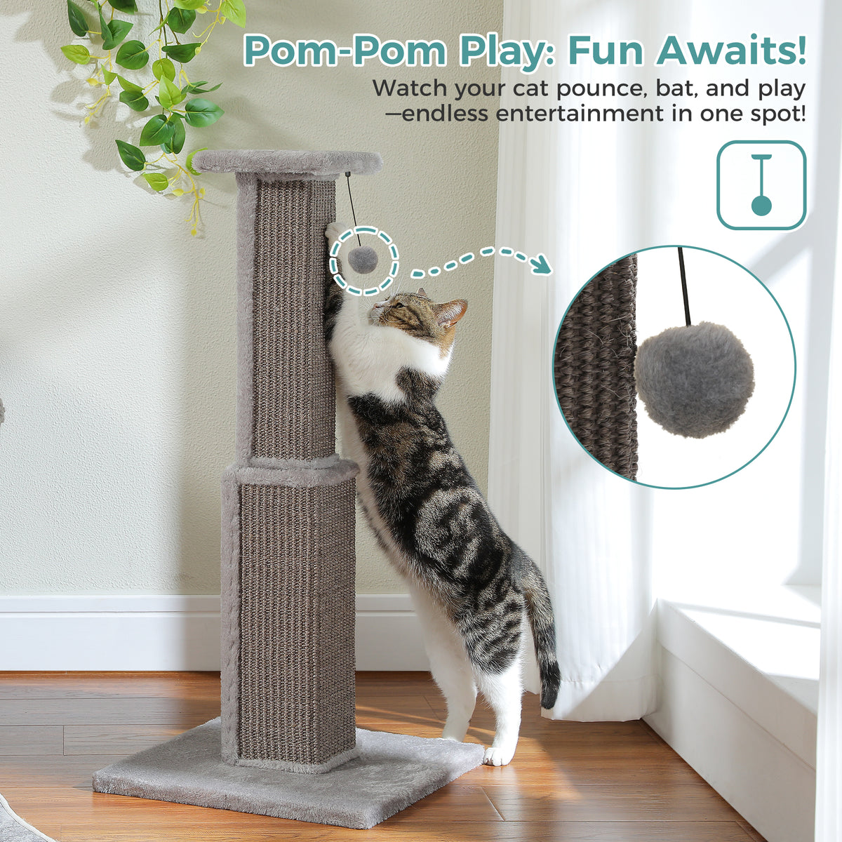 Grey sisal scratching post, tabby-and-white cat batting the grey pom-pom, inset close-up of the pom-pom and rope weave