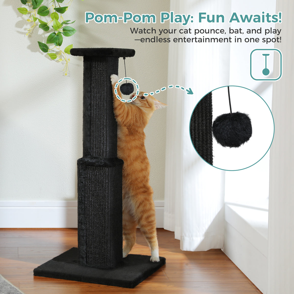 Black plush scratching post, ginger tabby batting the dangling black pom-pom, 'Pom-Pom Play' banner with inset
