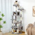 Grey 184cm cat tree scene with four cats, a cartoon sleeping cat, condos, hammock and twin top perches