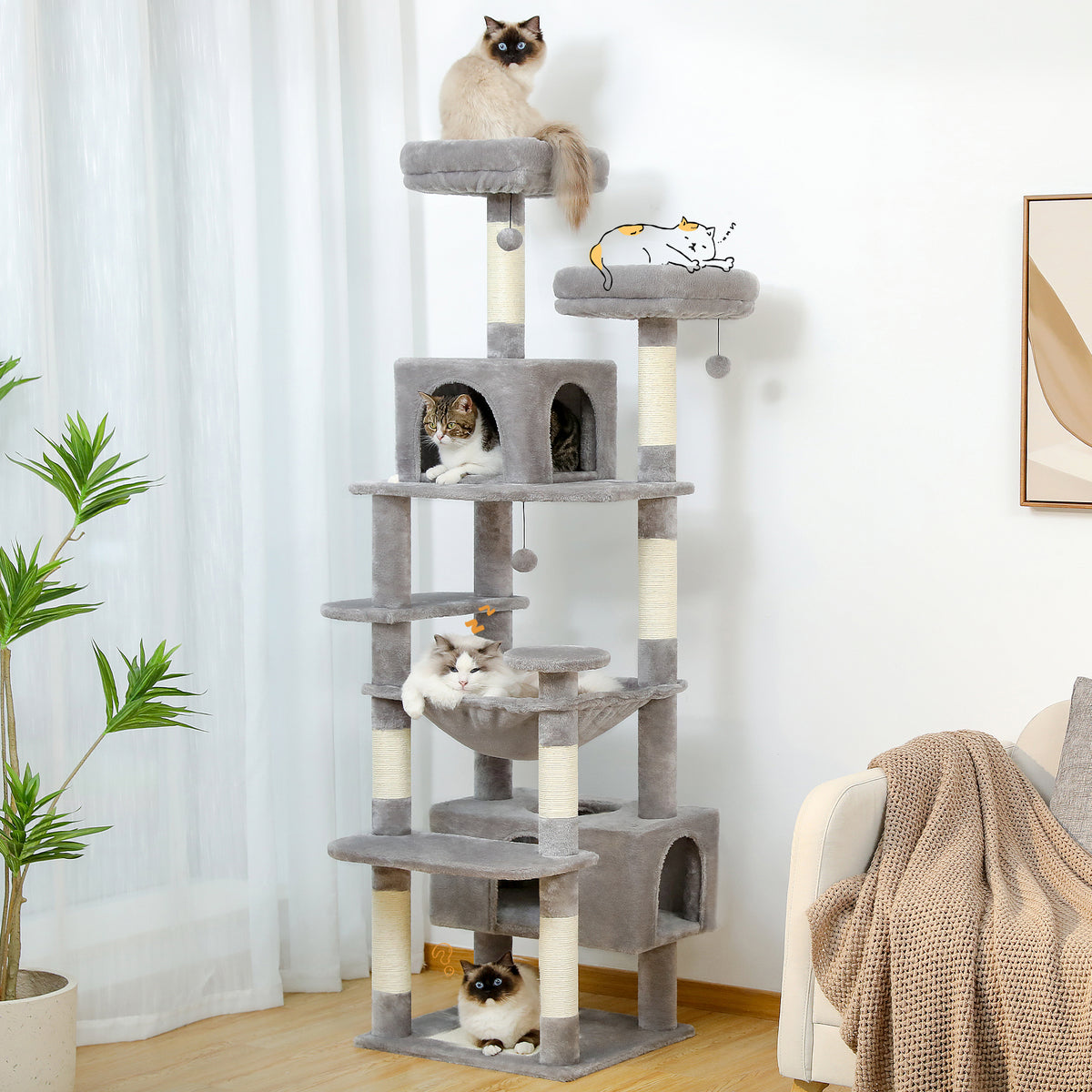 Grey 184cm cat tree scene with four cats, a cartoon sleeping cat, condos, hammock and twin top perches