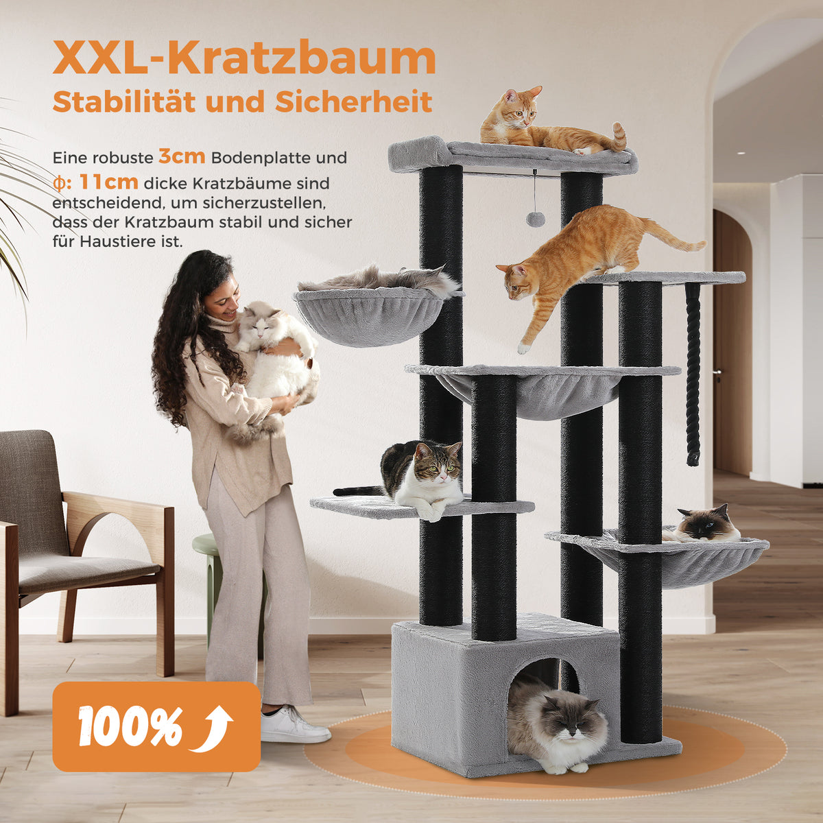 Grey 170cm cat tree family scene: seven cats on all levels, woman holding a white cat, stability text