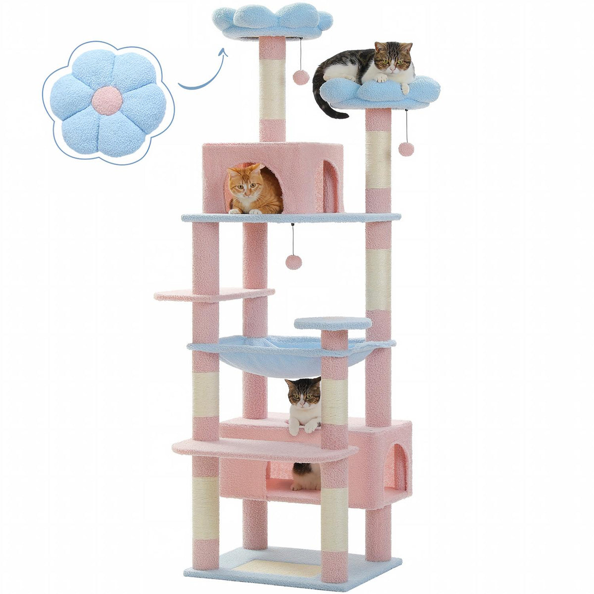 Pastel blue and pink cat tree with flower top perches, two pink condos, blue hammock, three cats on white