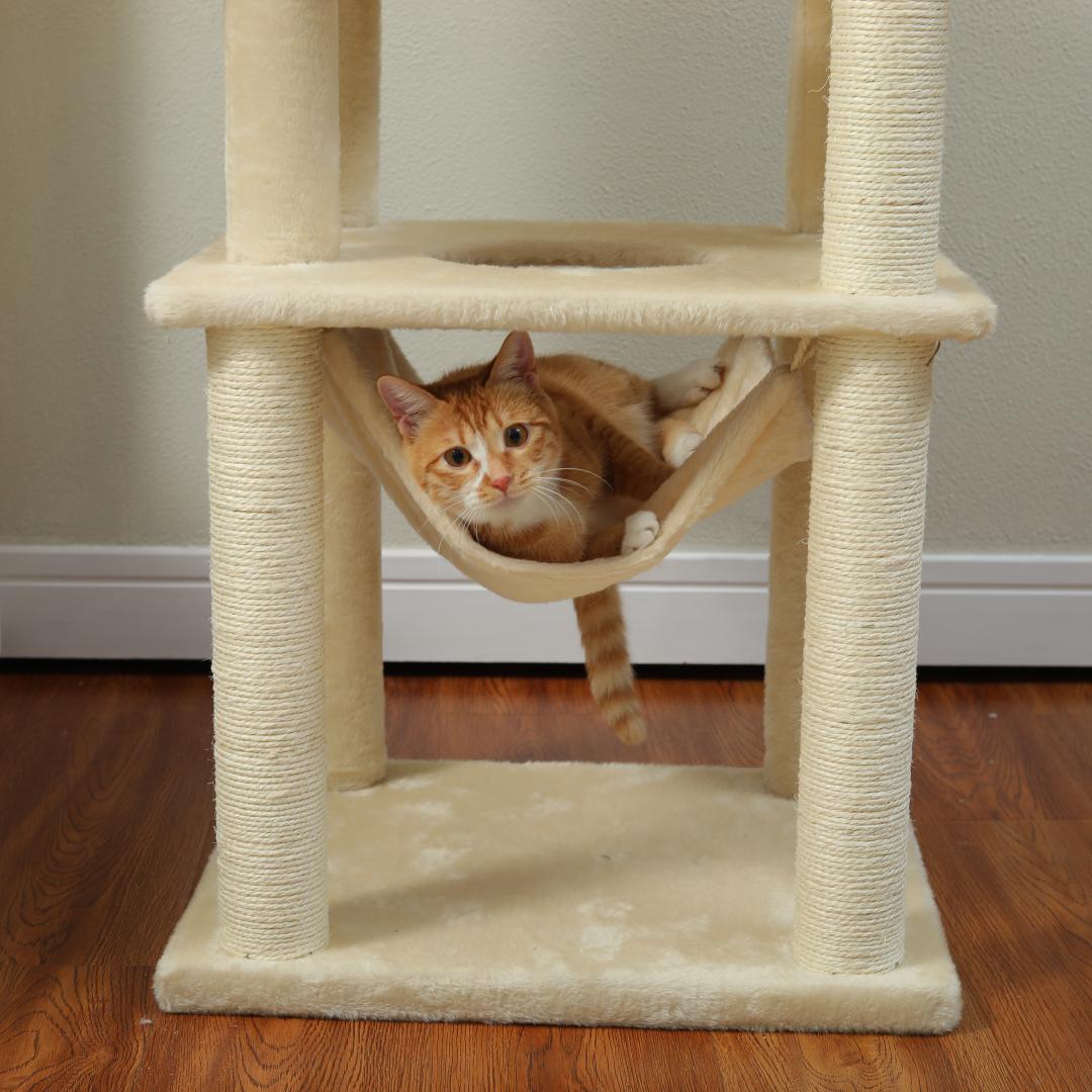 Ginger-and-white tabby curled in a cream fabric hammock slung beneath the plush platform of a Nordic cat tree