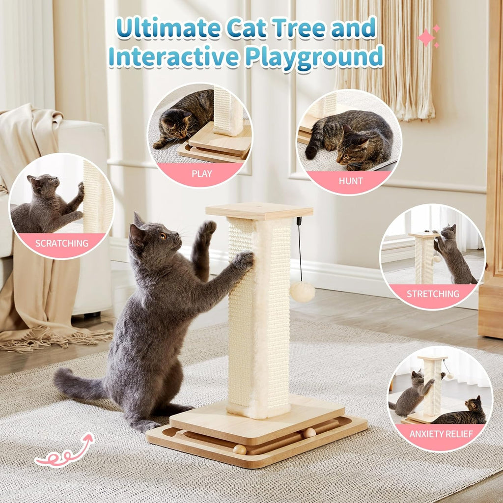 Sisal scratching tower collage with five round insets labeled Scratching, Play, Hunt, Stretching and Anxiety Relief