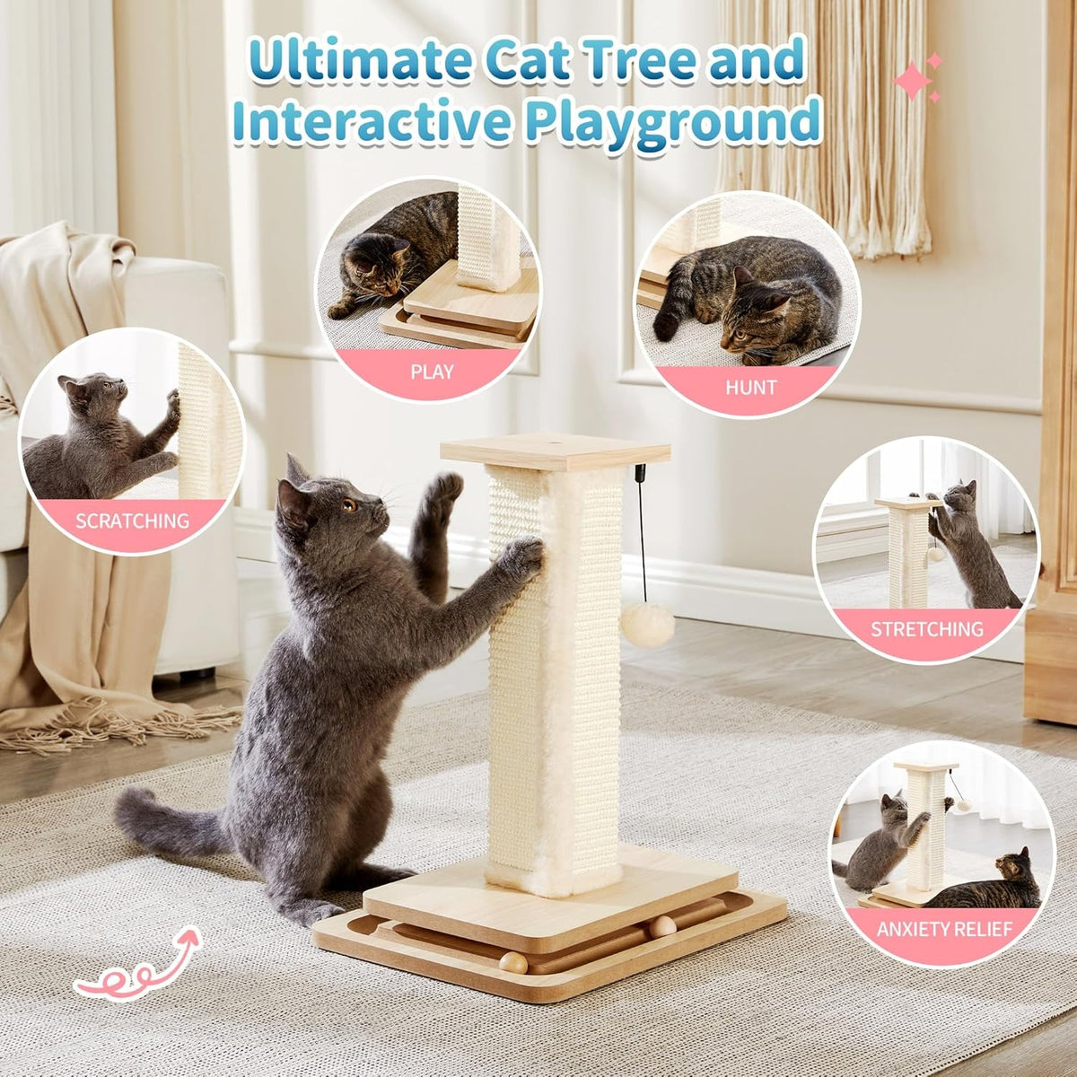 Sisal scratching tower collage with five round insets labeled Scratching, Play, Hunt, Stretching and Anxiety Relief