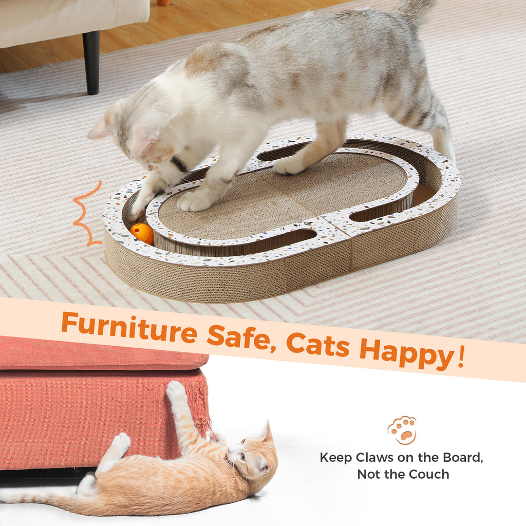 Split marketing photo showing a cat batting the track ball under a Furniture Safe banner beside a tabby clawing a sofa