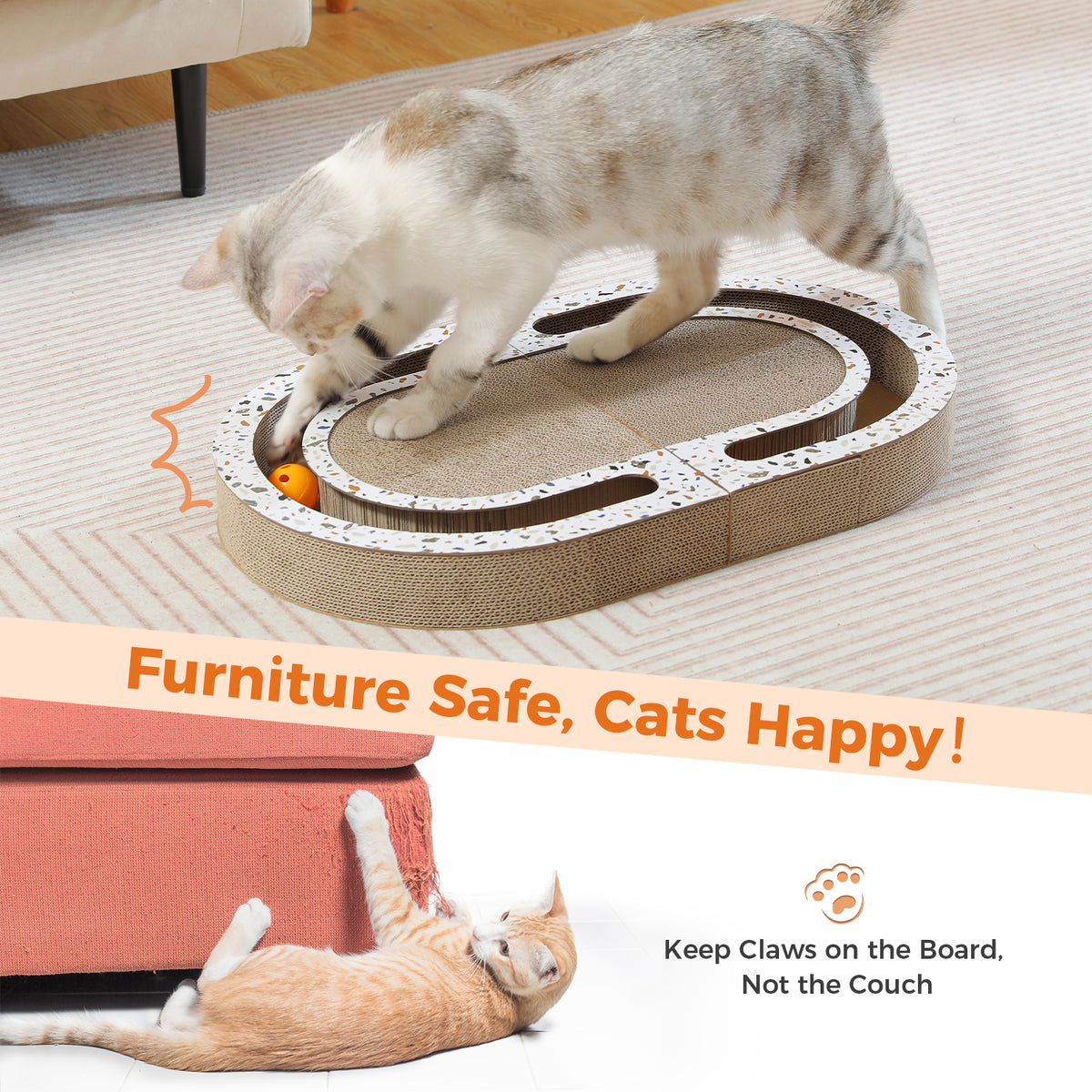 Split marketing photo showing a cat batting the track ball under a Furniture Safe banner beside a tabby clawing a sofa