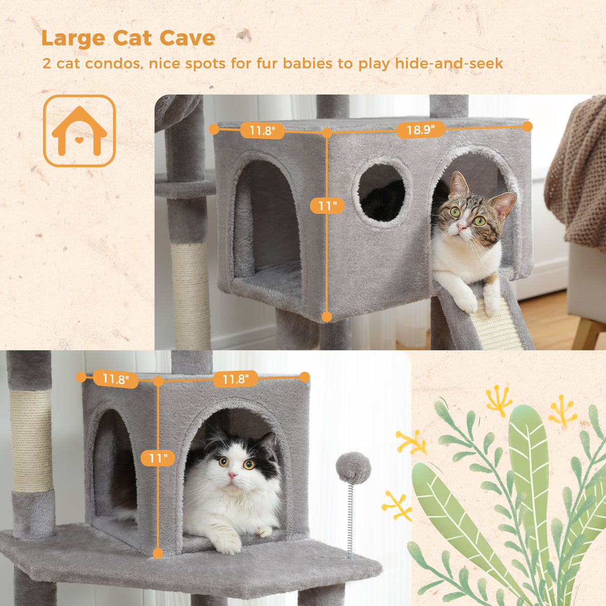Feature graphic of the grey 164cm condos, tabby peeks from the upper opening while a black and white cat rests below