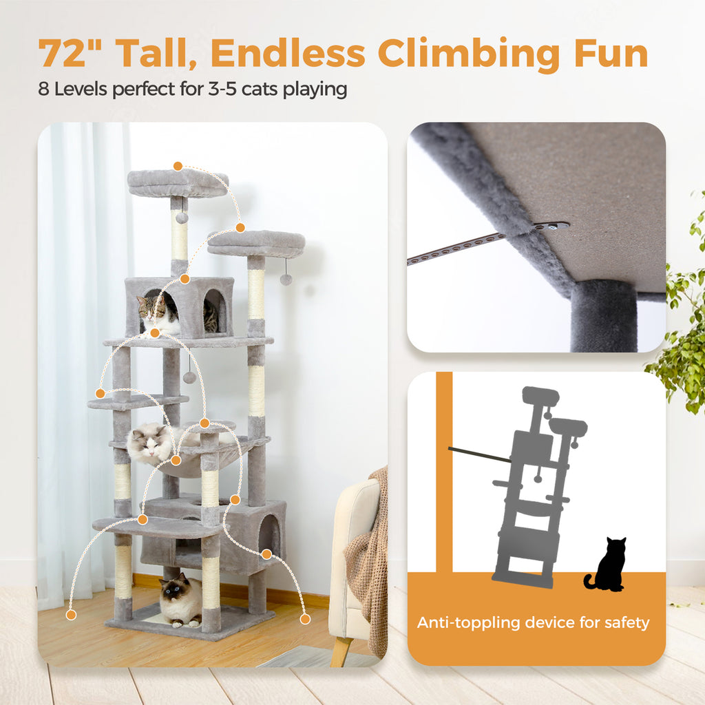Grey 184cm cat tree marketing shot with eight levels, two condos and hammock, three cats plus anti-toppling strap inset