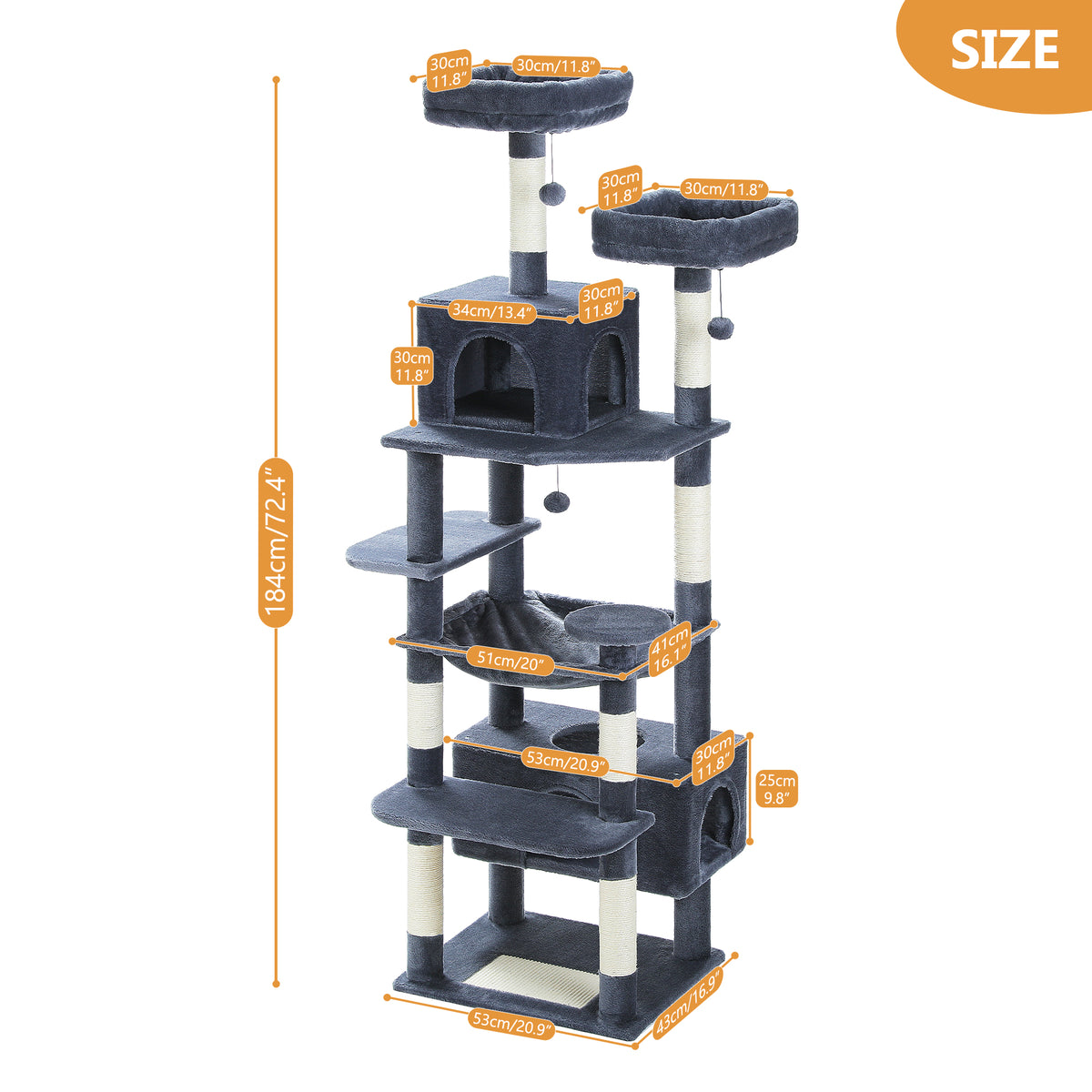 SIZE diagram of dark-grey 184cm cat tree on white, two condos, hammock and twin top perches