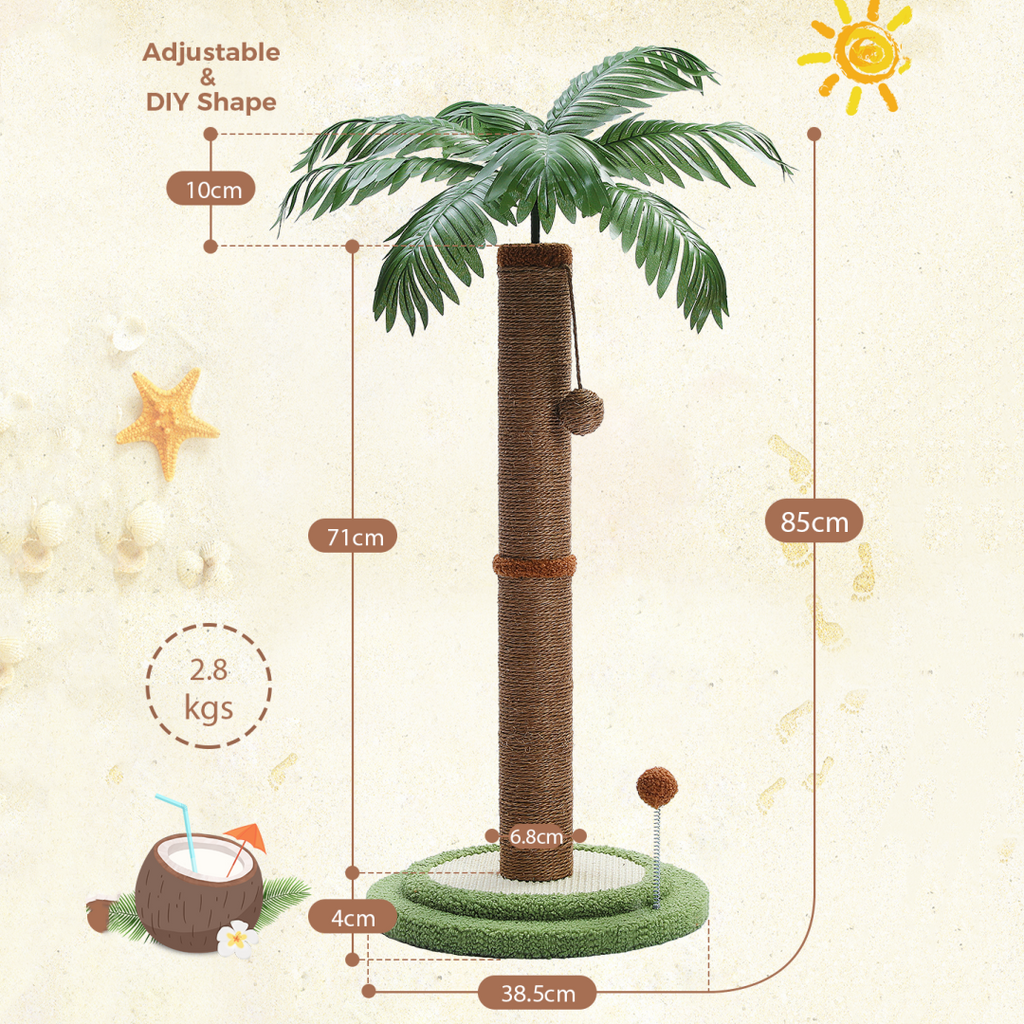 Beach-themed size diagram of the 85cm palm tree cat post, with 6.8cm post diameter and base width labels