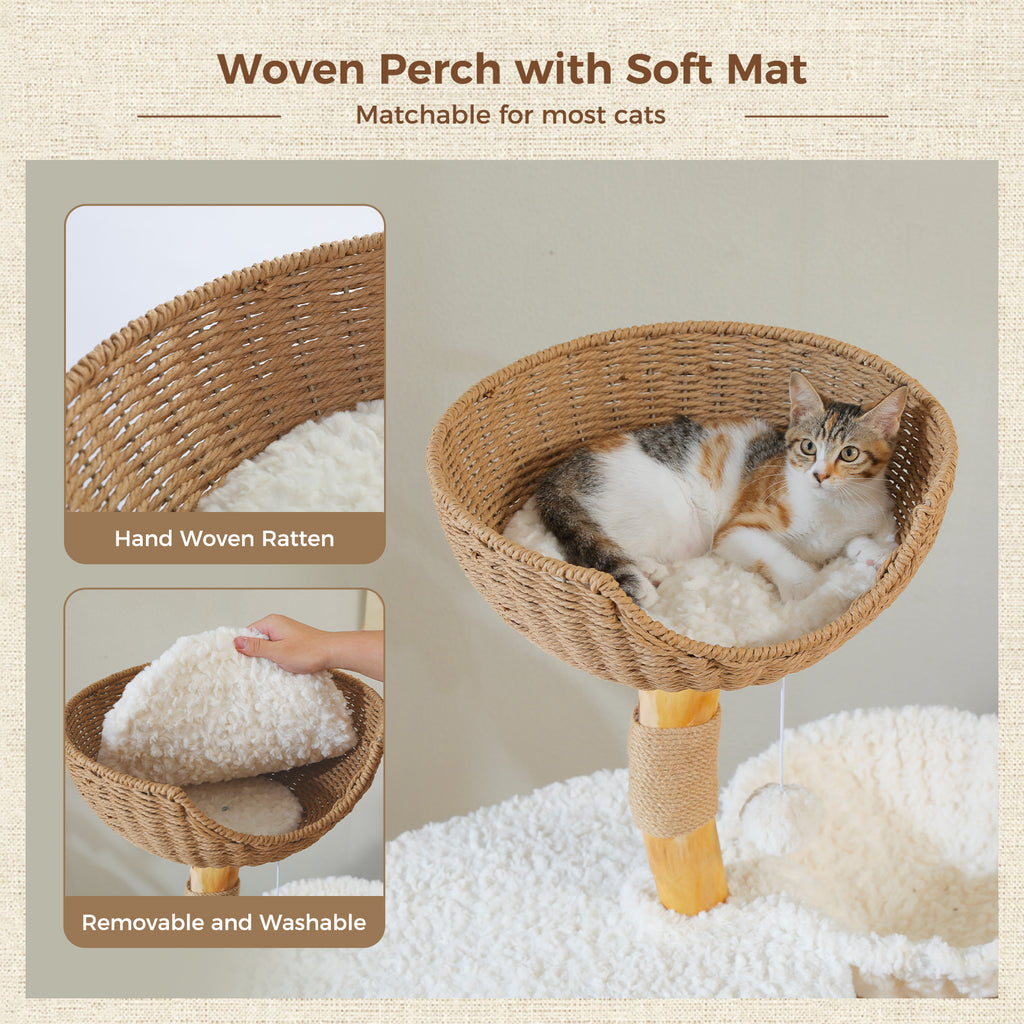 Close-up of hand-woven rattan perch with removable washable mat on the wood cat tree, calico cat resting