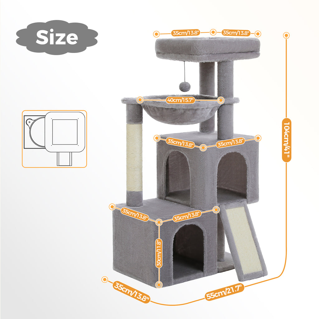 Size diagram of a beige plush cat tree with orange measurement lines, 104 cm height and a top-view footprint sketch