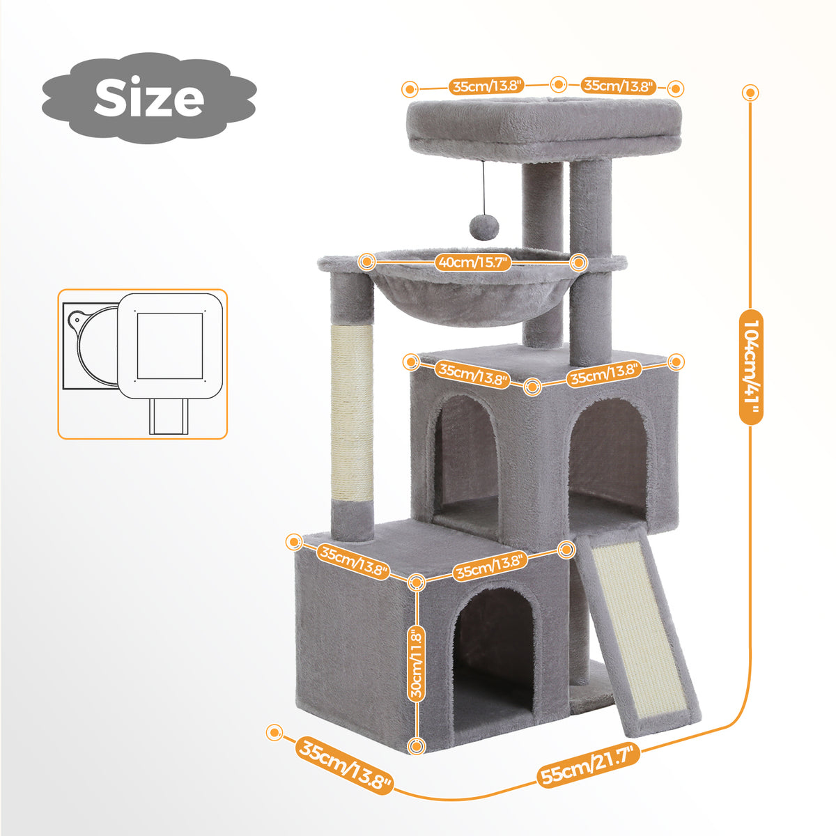 Size diagram of a beige plush cat tree with orange measurement lines, 104 cm height and a top-view footprint sketch