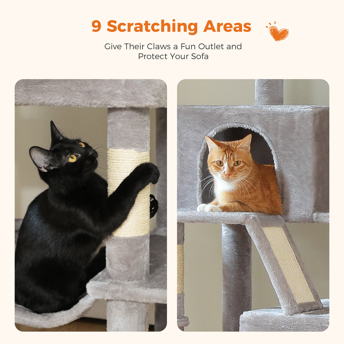 Black cat scratching a sisal post and an orange tabby resting in a plush condo, nine scratching areas banner