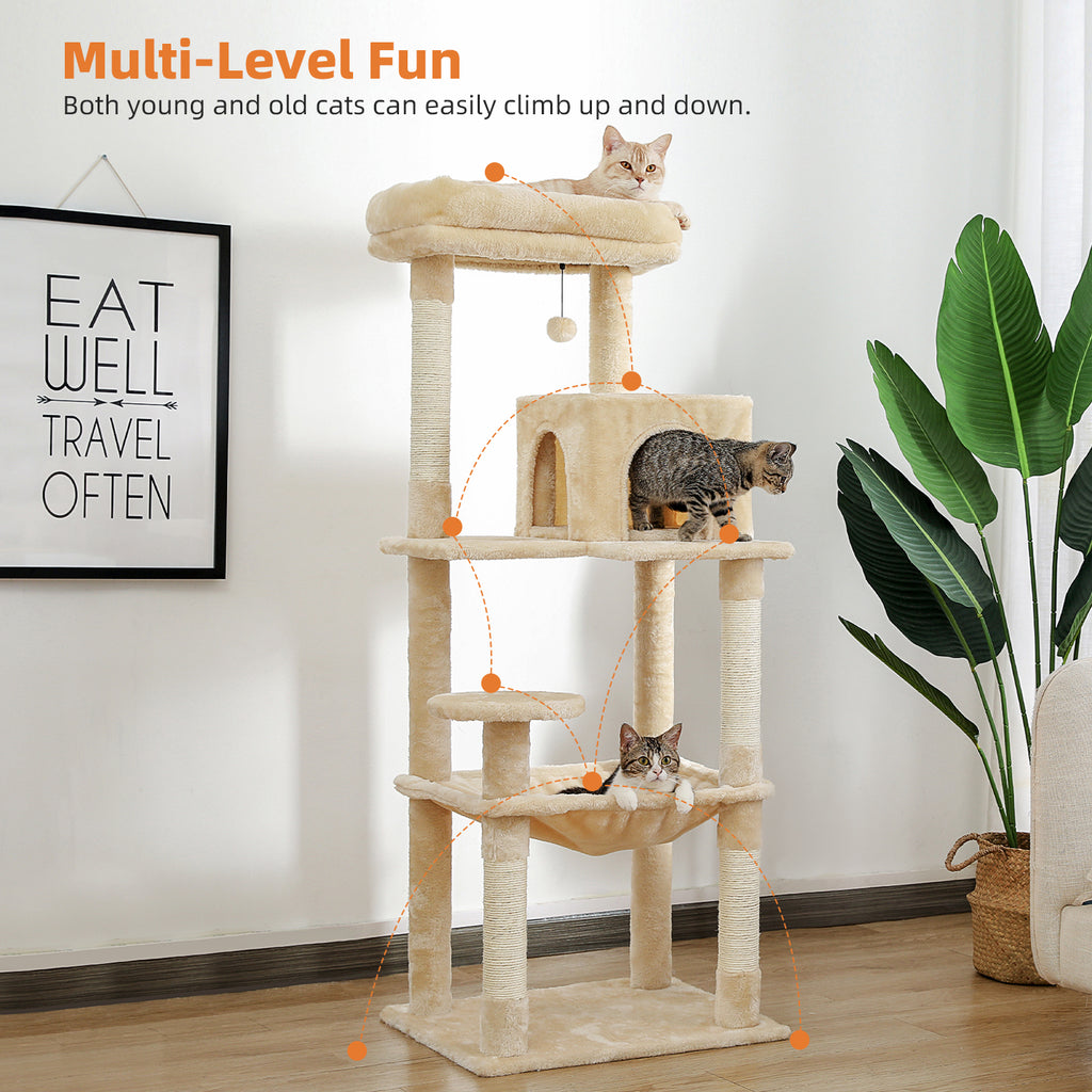 Beige 143cm cat tree with three tabby cats, orange dotted route and easy-climb text on sisal posts