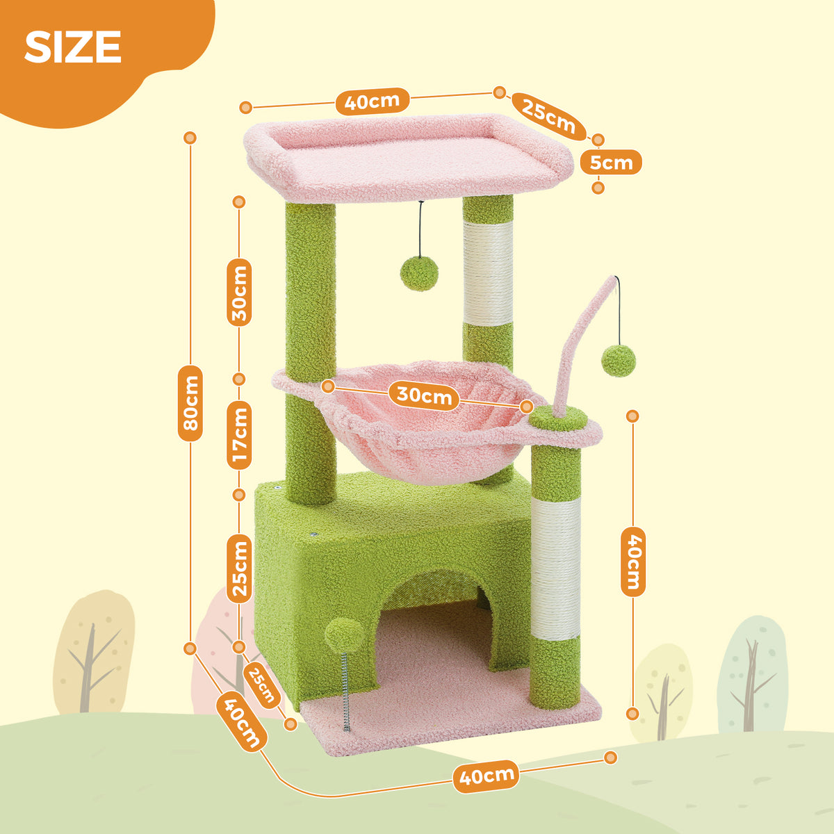 Pastel pink and green Cozy 80cm cat tree with condo, hammock and perch drawn over a cartoon hillside with size labels
