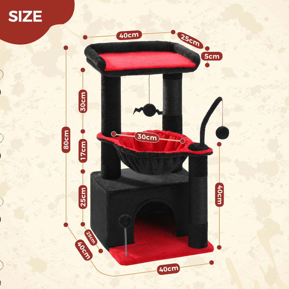 Black and red Cozy 80cm cat tree with condo, hammock and hanging toy on a textured background with a SIZE diagram