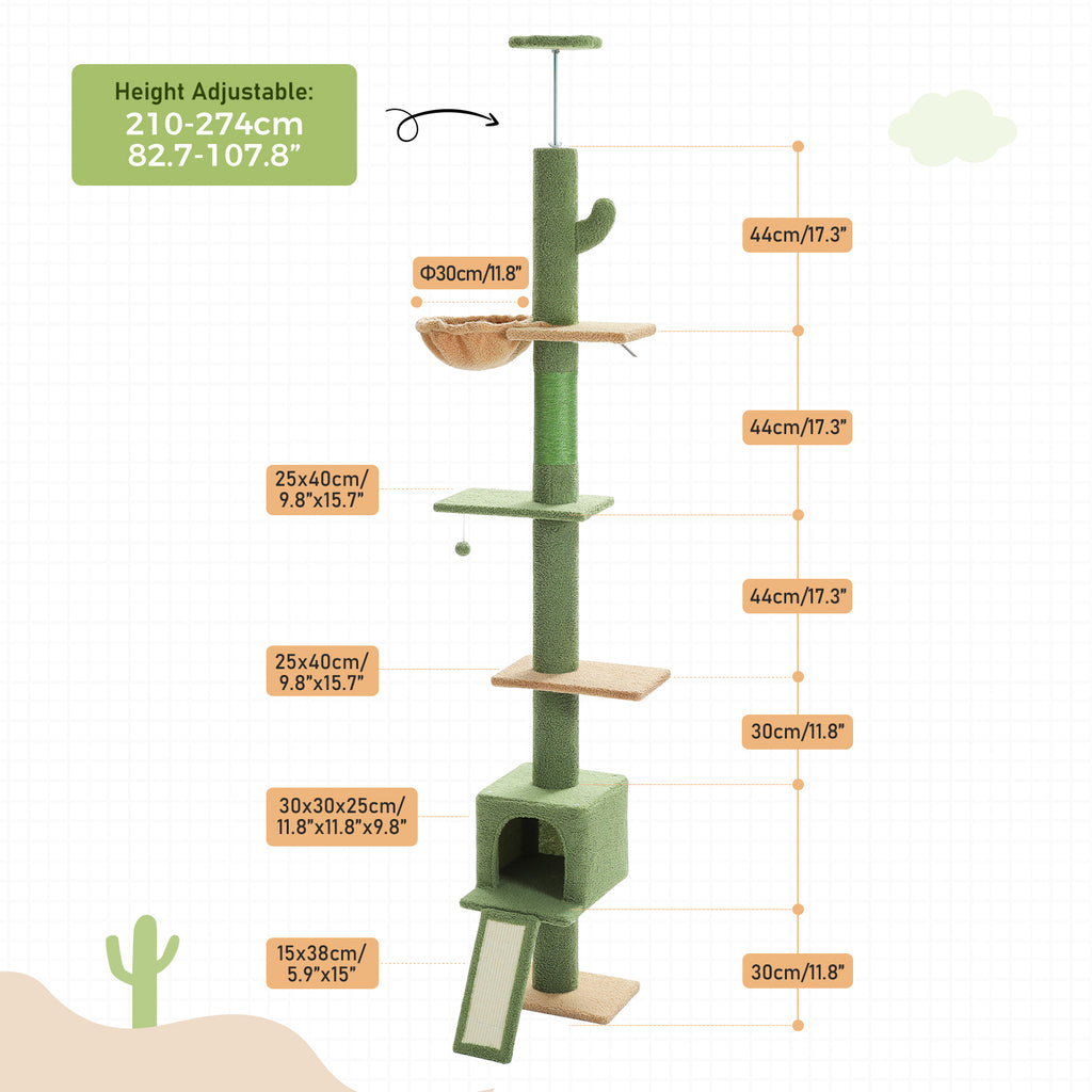 Size diagram of the cactus cat tree, height adjustable 210-274cm, with labels for platforms, condo, ramp and basket