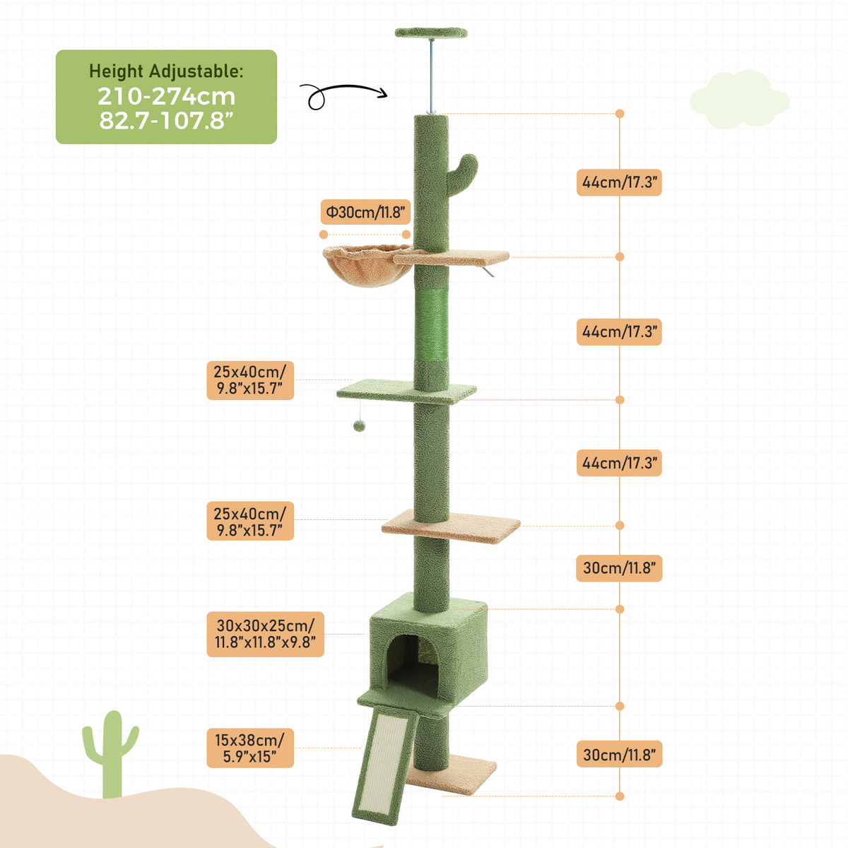 Size diagram of the cactus cat tree, height adjustable 210-274cm, with labels for platforms, condo, ramp and basket