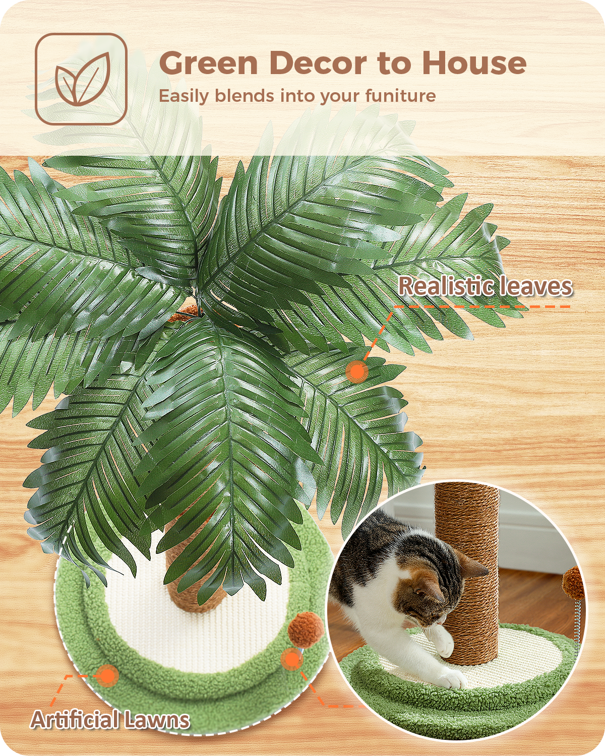 Graphic of realistic palm leaves and artificial lawn base on the cat post, tabby cat scratching the sisal trunk inset