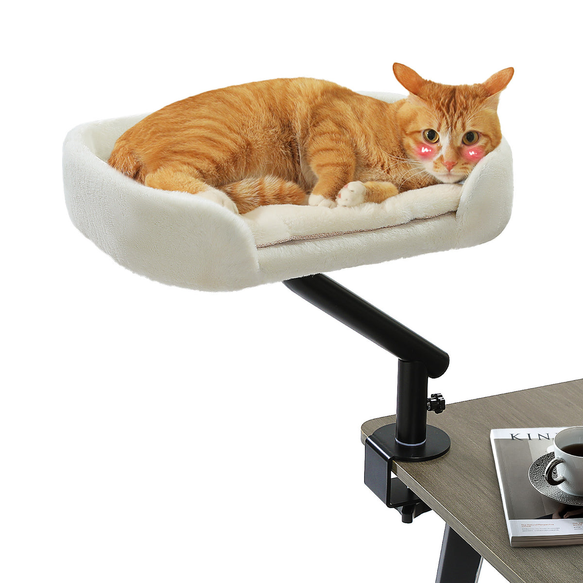 Orange tabby cat relaxing in a white plush clamp-on bed over a wood desk corner with a coffee mug and magazine nearby